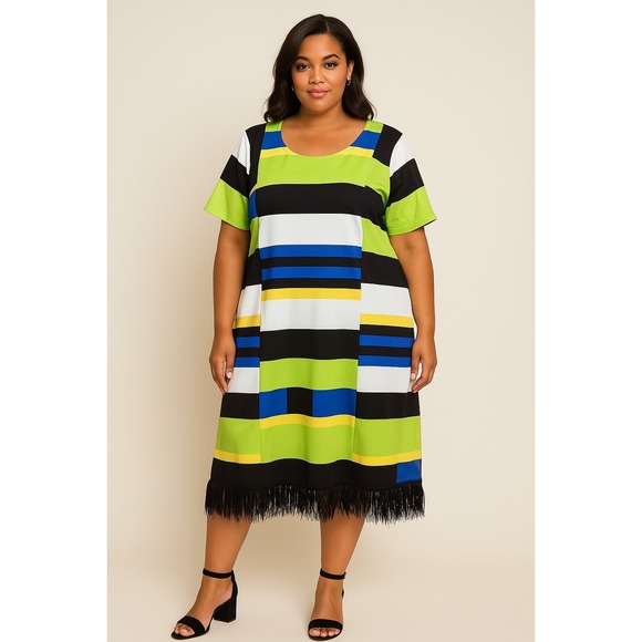 Eloquii NWT Scuba Blue Green Black White Dress Feathers Hem Women's Size 24 - Picture 1 of 9